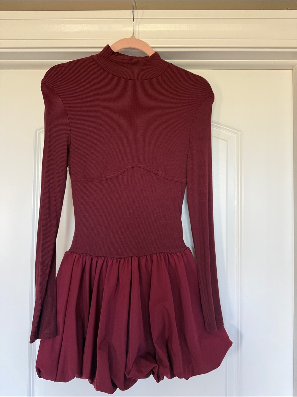 SHEIN Burgundy Long Sleeve Mock Neck Bubble Hem Dress